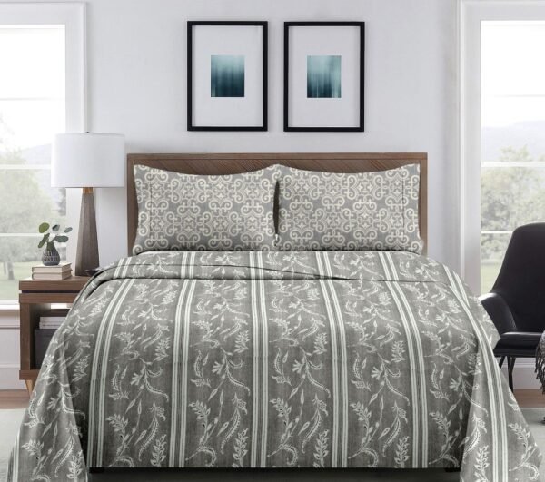 Grey Floral Stripe Double Bed Sheet